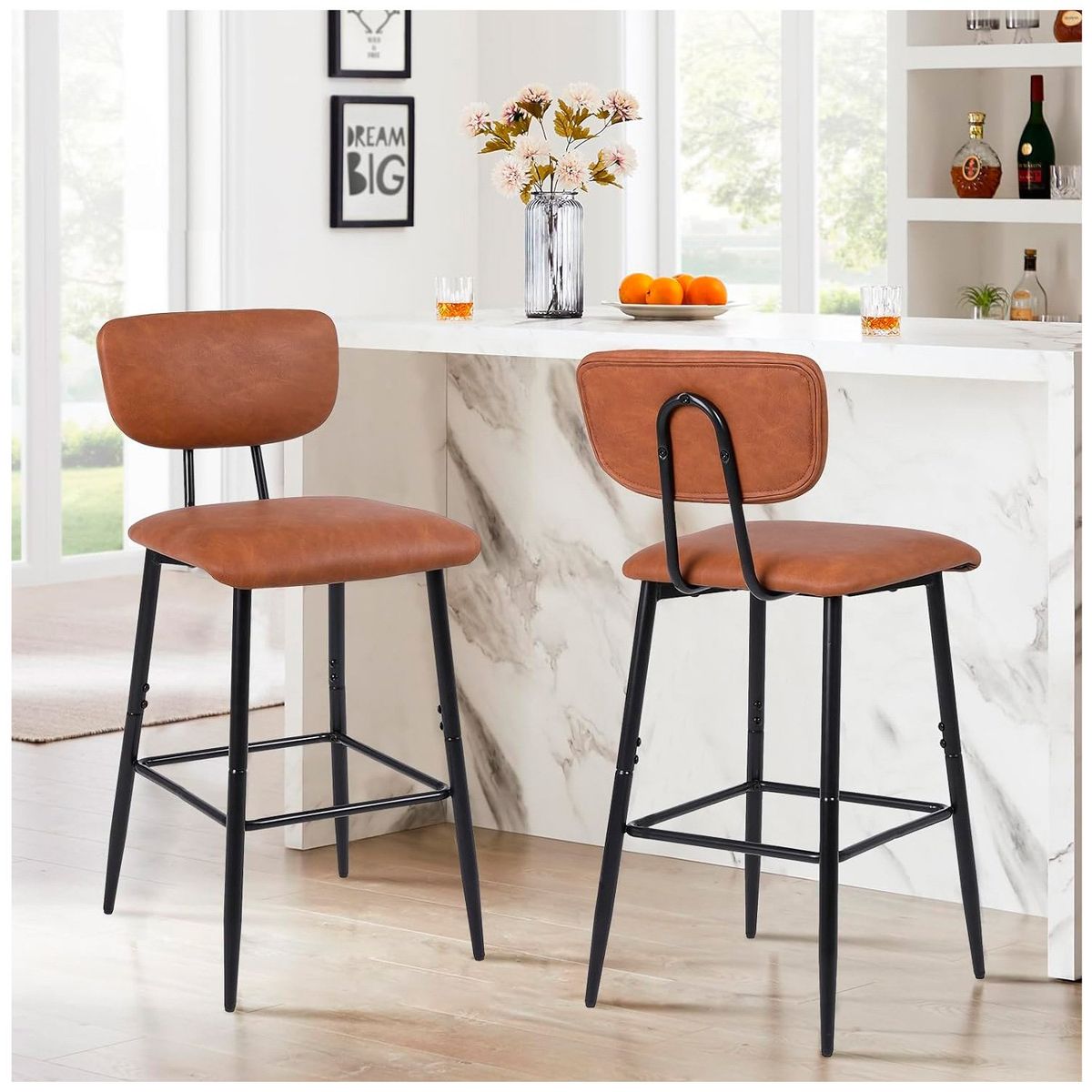 NOVAHUS - Pack 2 Pisos de Bar o Cocina Mid-Century con Respaldo Marrón