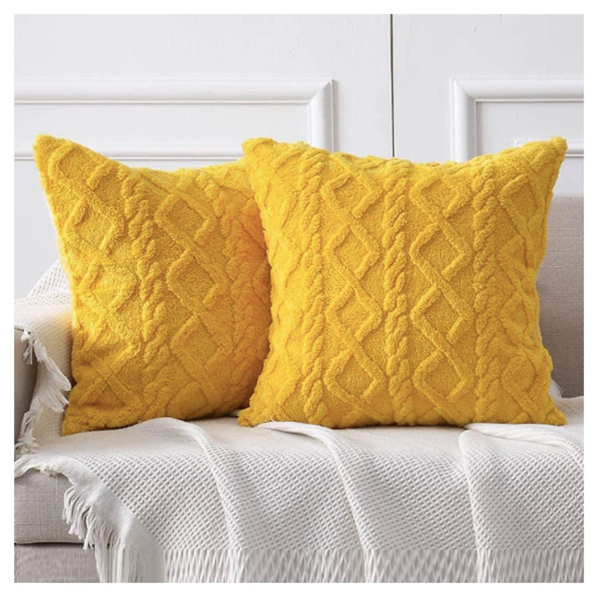 GENERICO - 2 Fundas para Cojín Jacquard de Felpa Geométrica 3D Mostaza 45x45 cms