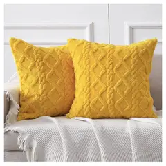 GENERICO - 2 Fundas para Cojín Jacquard de Felpa Geométrica 3D Mostaza 45x45 cms