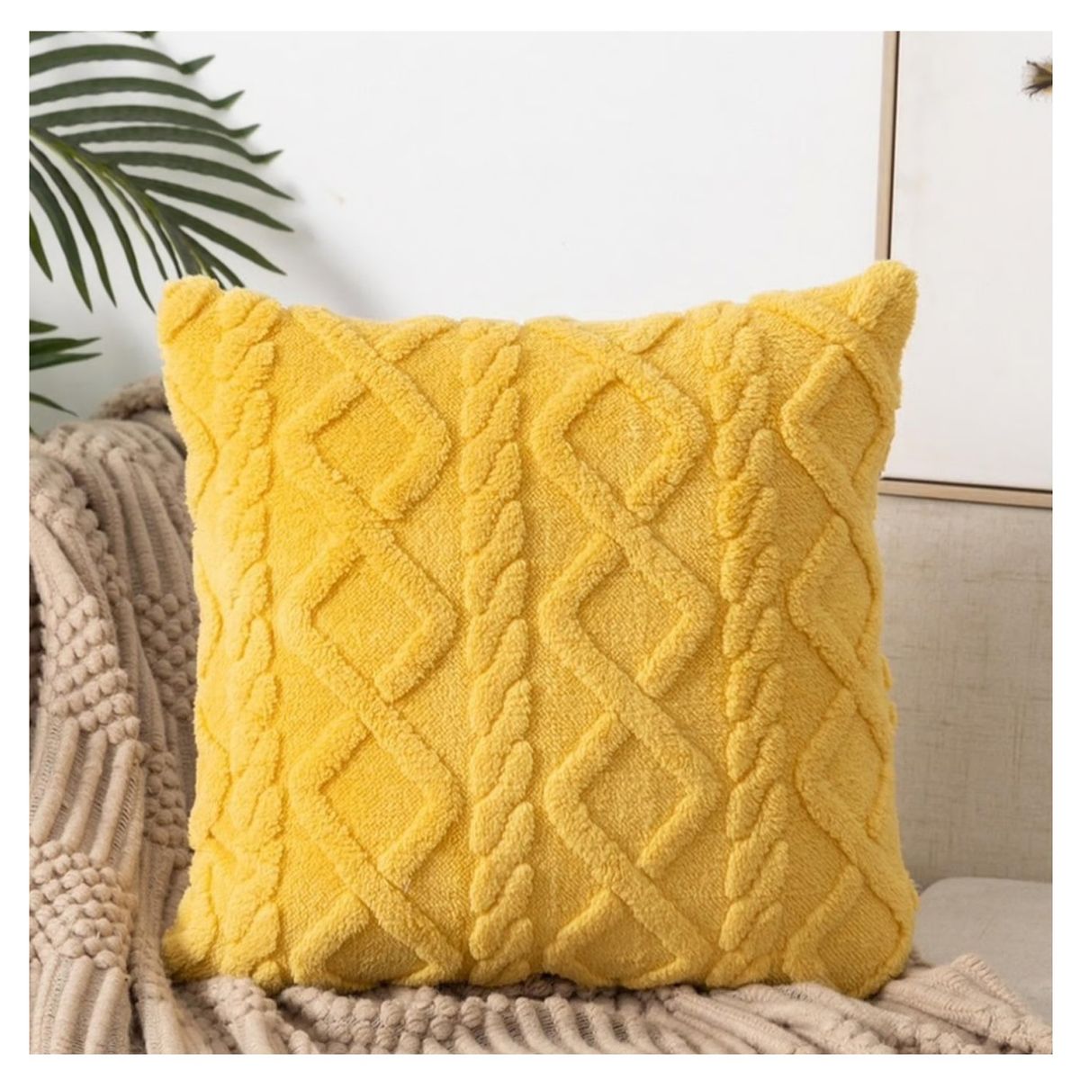 GENERICO - 2 Fundas para Cojín Jacquard de Felpa Geométrica 3D Mostaza 45x45 cms