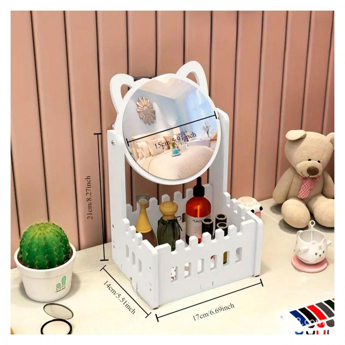 GENERICO - Organizador de Maquillaje con Espejo de Orejas de Gato