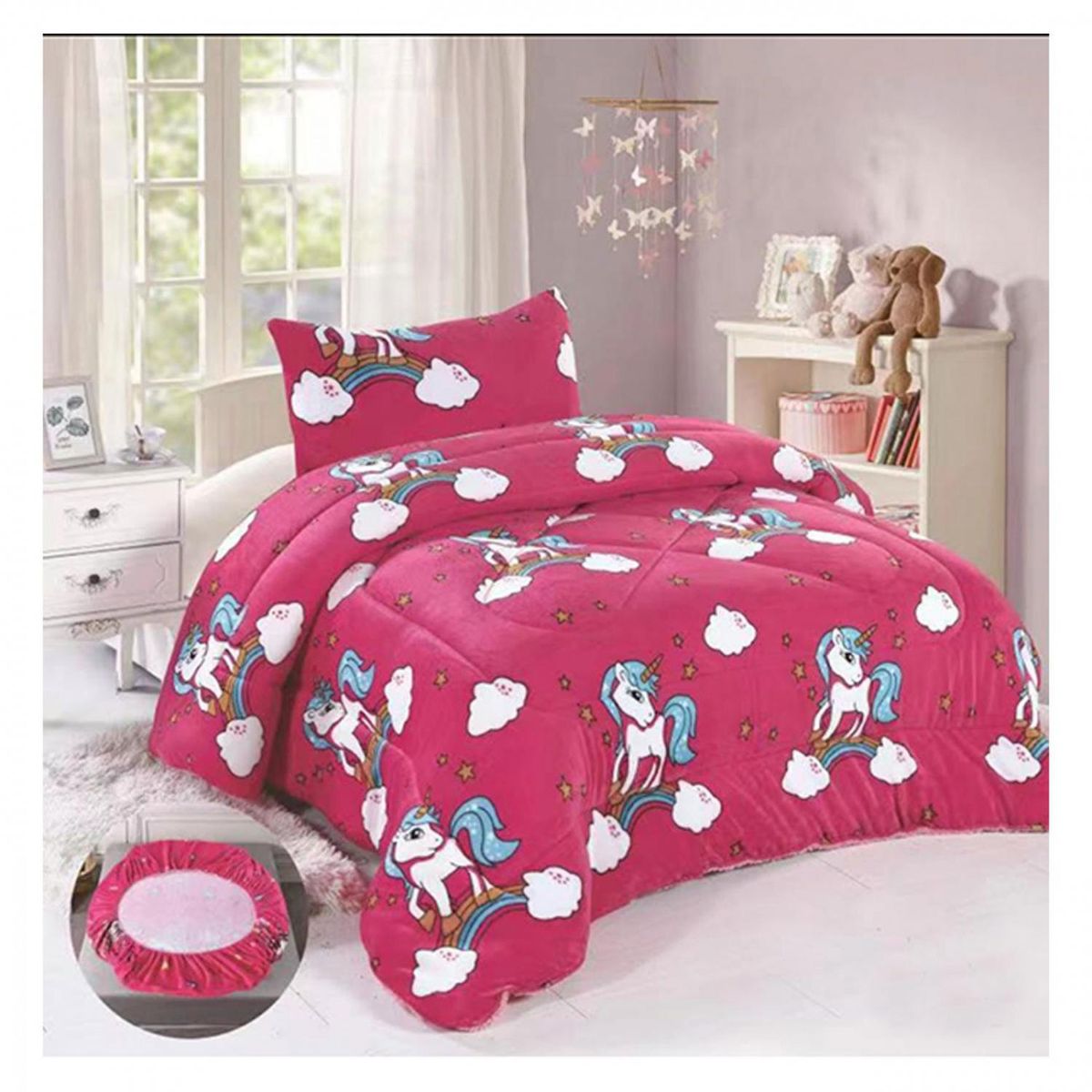 GENERICO - Cobertor Chiporro y Sabana Bajera Polar Infantil 1.5 Plazas Unicornio