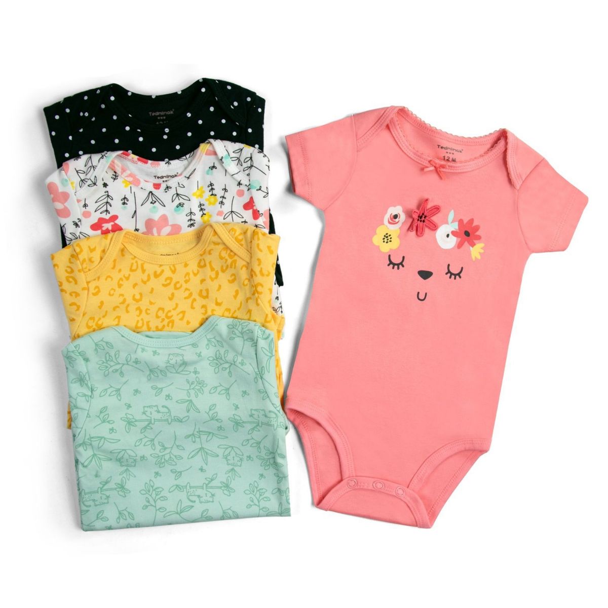 TEDMIMAK - Pack 5 Bodys Niña Manga Corta Tedmimak 100% Algodón Rosa Floreado