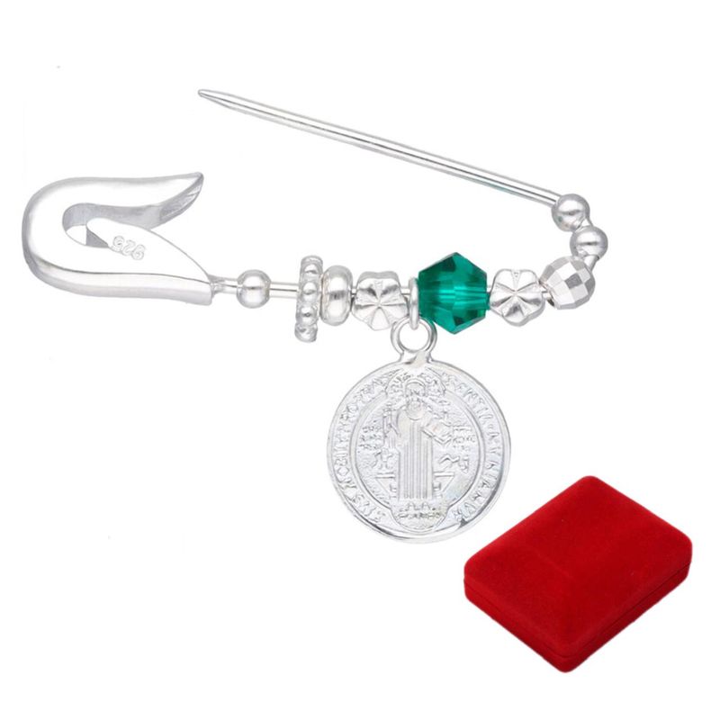 GENERICO - Prendedor plata broche medalla san benito y cristal protección bebes