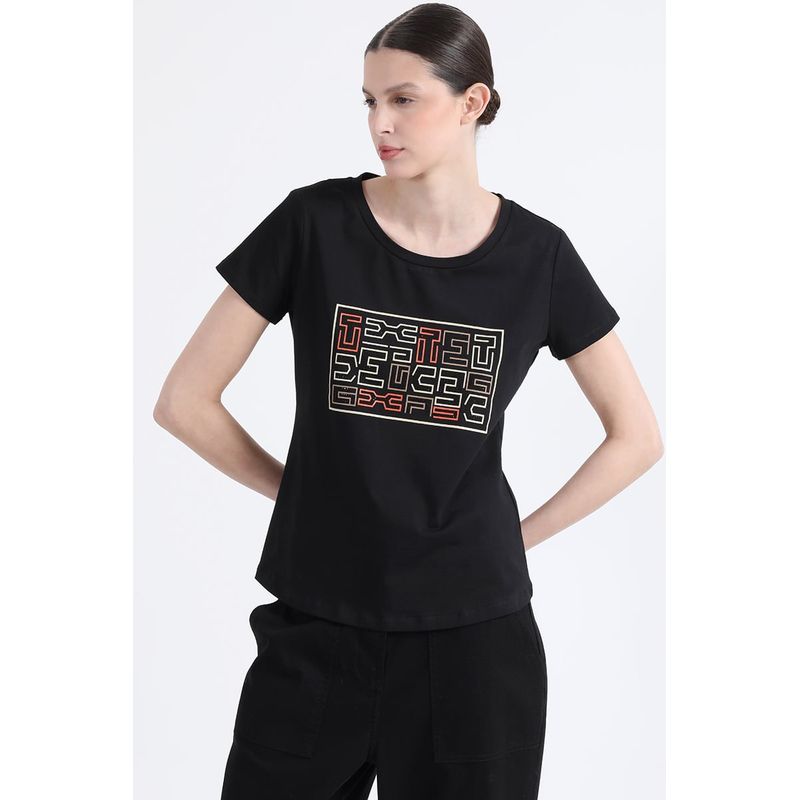LIOLA - Polera Algodón Spandex, Con Estampado, Negro Liola