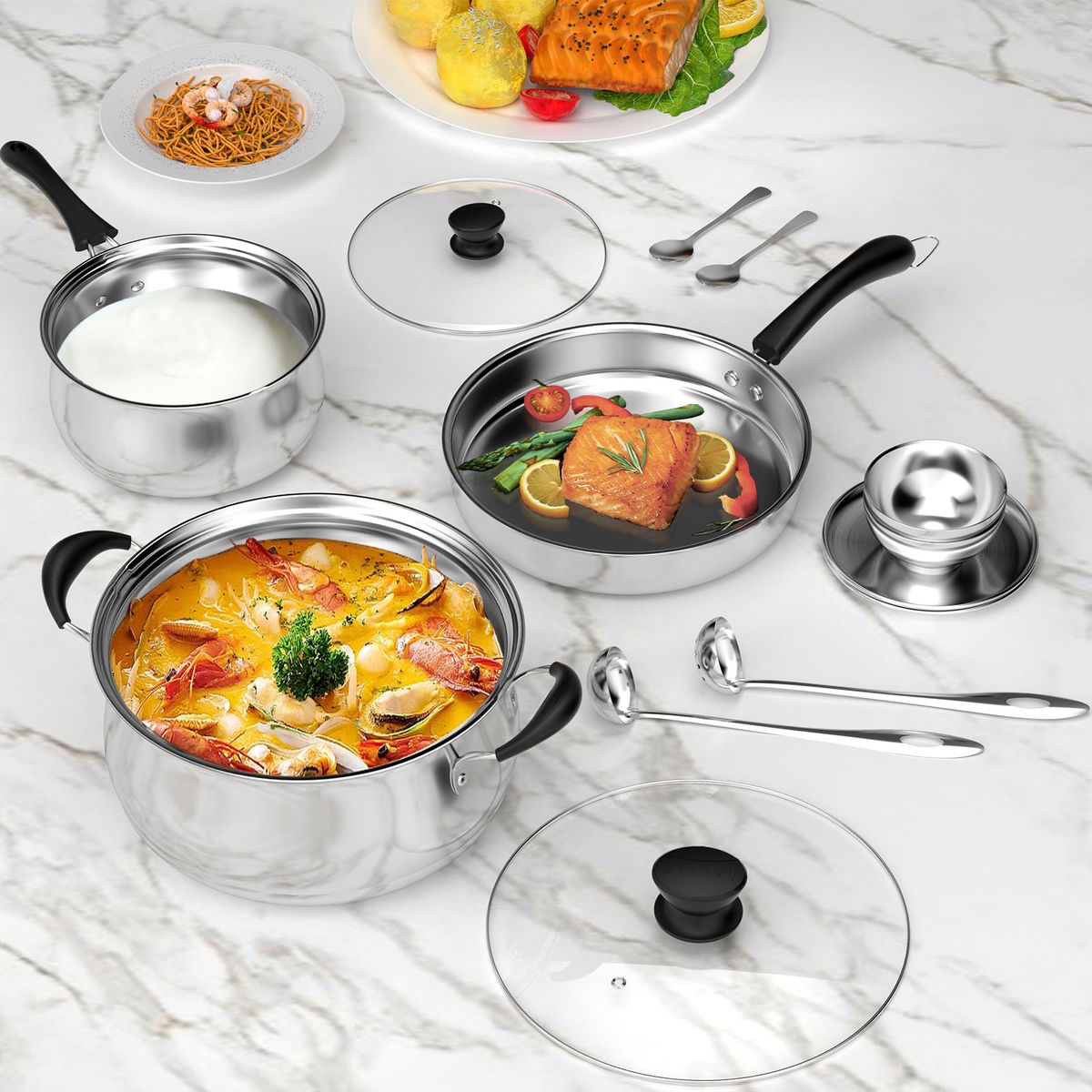 AIZO - Juego de cocina acero inoxidable engrosado para 2 personas