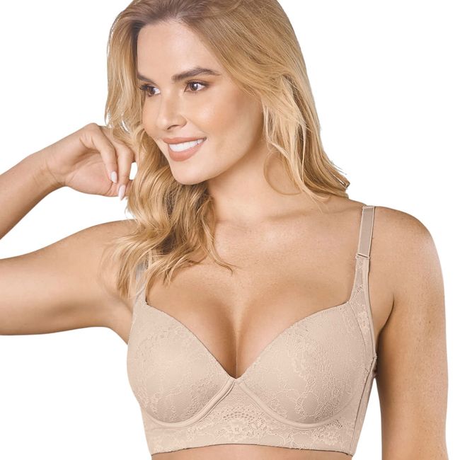 LEONISA - Sostén de realce suave y cubrimiento alto en sisa y espalda Cover bra en encaje 011996 Beige