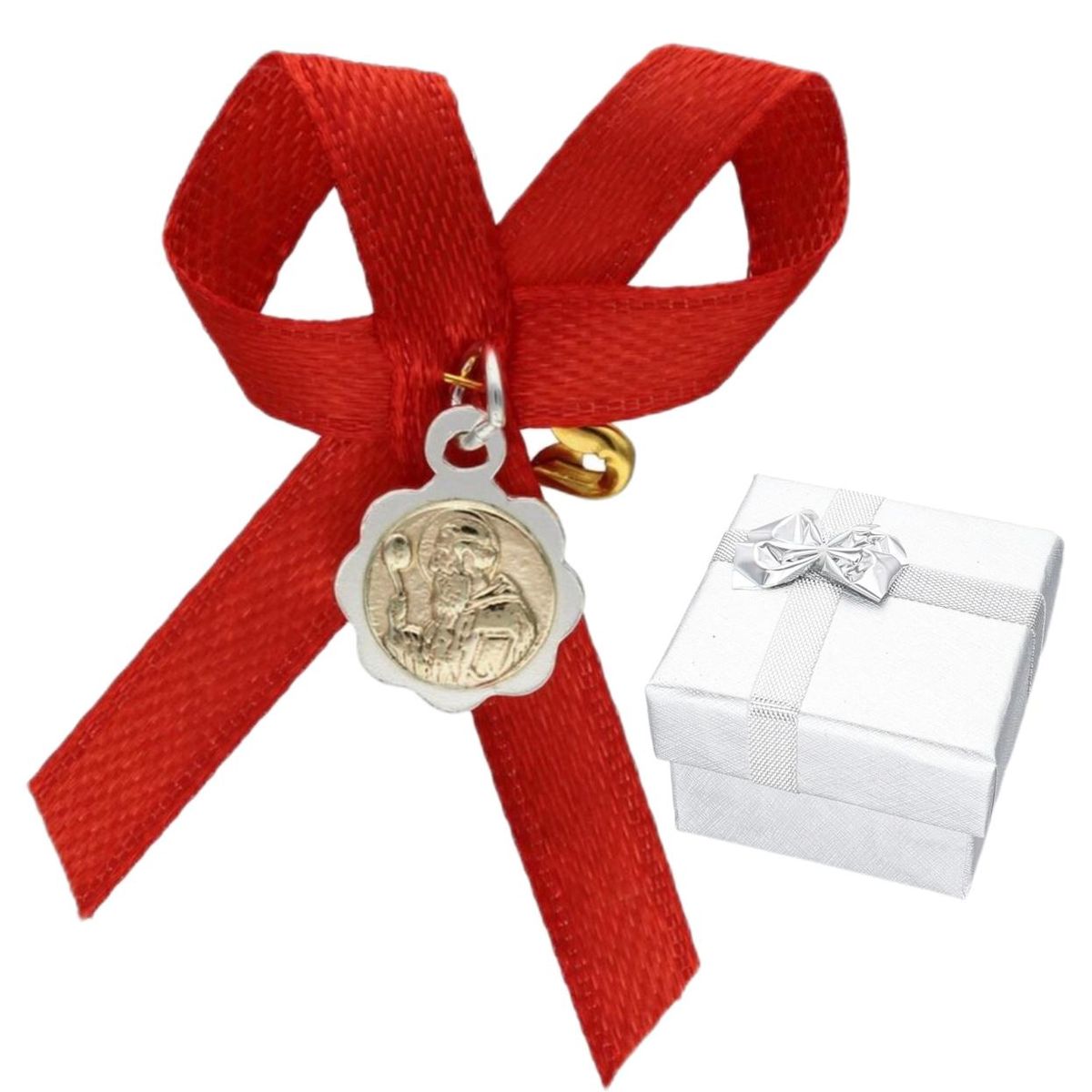 GENERICO - Medalla San Benito de plata y oro cinta roja de protección bebé