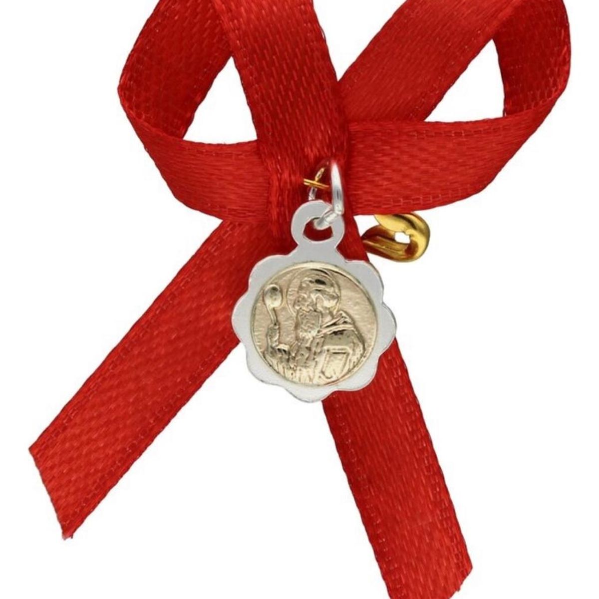 GENERICO - Medalla San Benito de plata y oro cinta roja de protección bebé