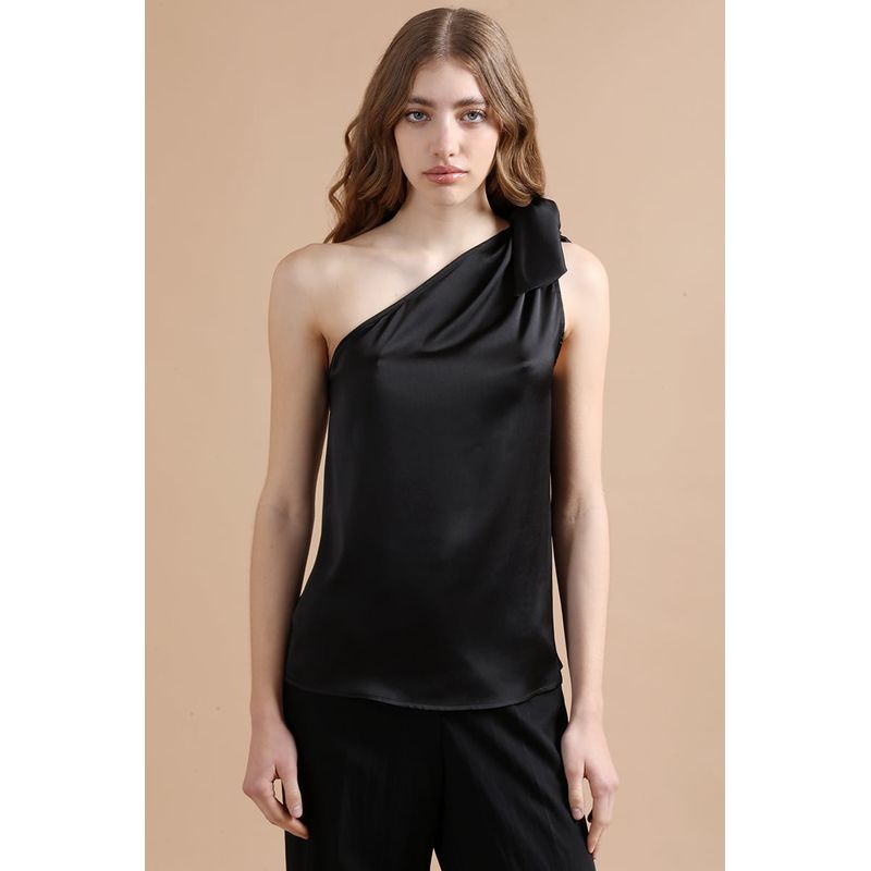 LIOLA - Top Satin Asimetrico, Anudado En Hombro, Negro Liola