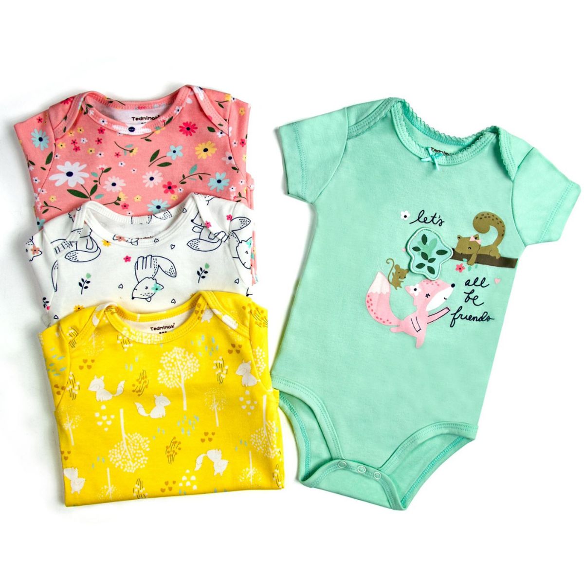 TEDMIMAK - Pack 4 Bodys Niña Manga Corta Tedmimak 100% Algodón Animales Animados