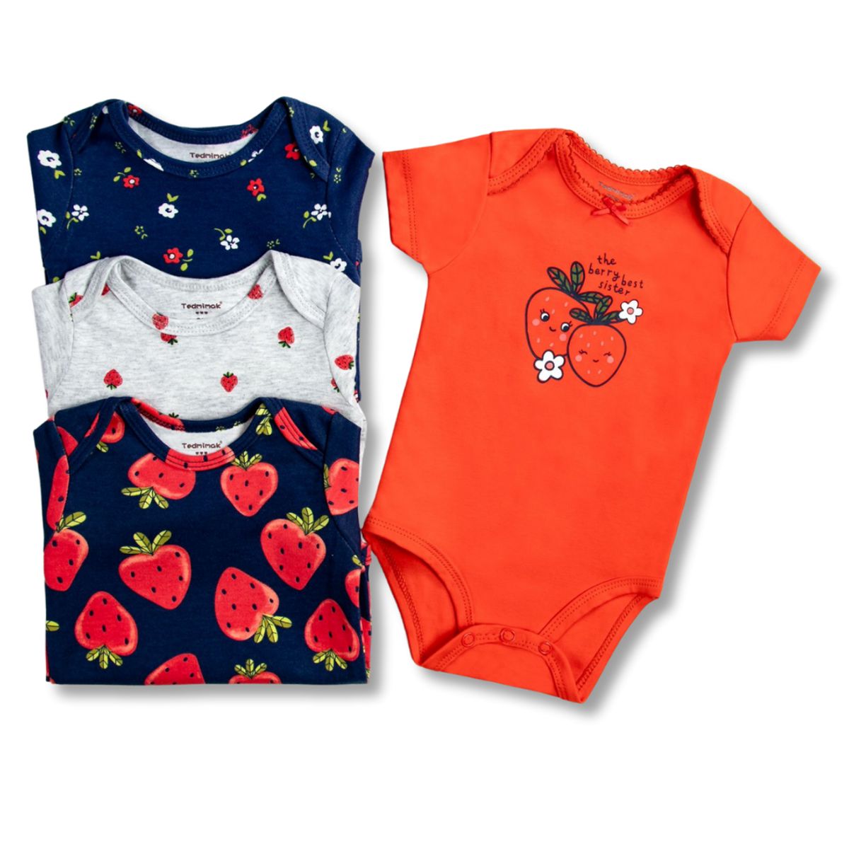 TEDMIMAK - Pack 4 Bodys Niña Manga Corta Tedmimak 100% Algodón Fresas Rojo