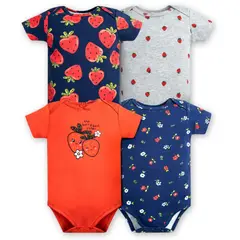 TEDMIMAK - Pack 4 Bodys Niña Manga Corta 100% Algodón Fresas Rojo