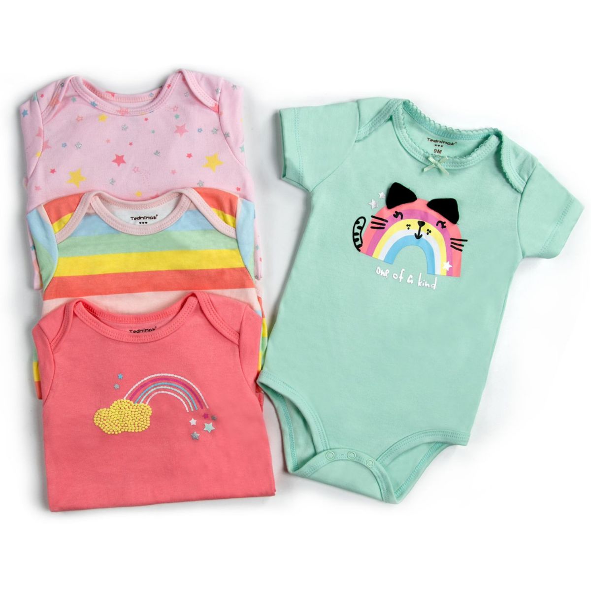 TEDMIMAK - Pack 4 Bodys Niña Manga Corta Tedmimak 100% Algodón Arcoiris