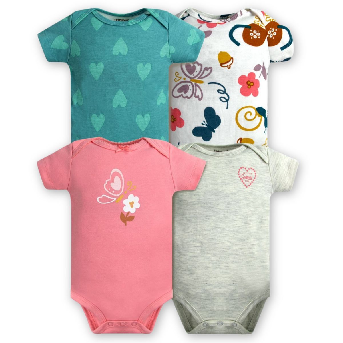 TEDMIMAK - Pack 4 Bodys Niña Manga Corta Tedmimak 100% Algodón Mariposas Rosa