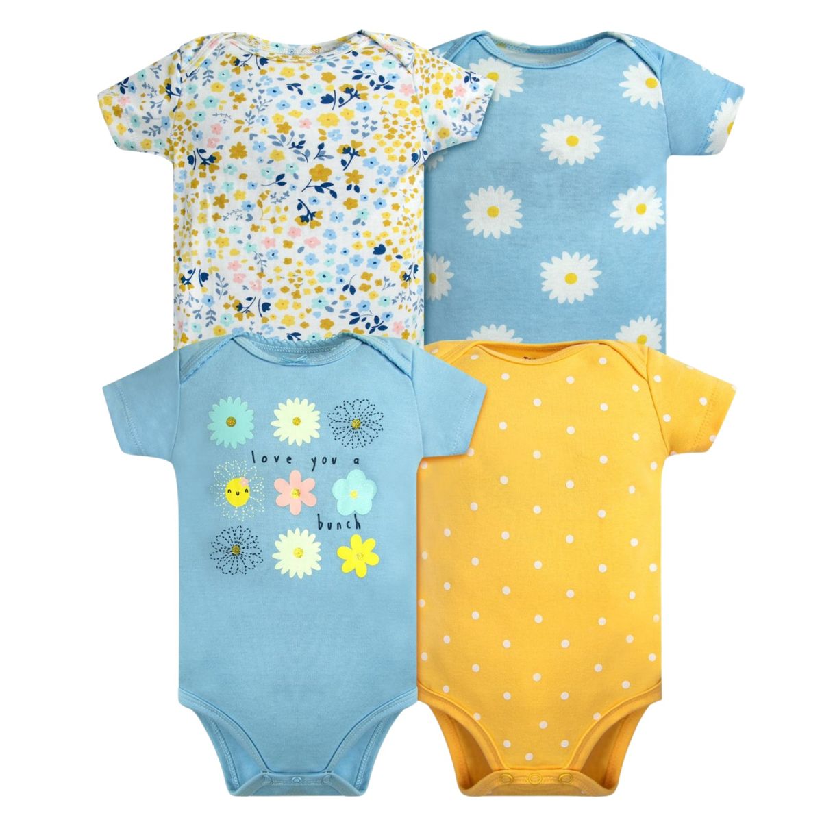 TEDMIMAK - Pack 4 Bodys Niña Manga Corta Tedmimak 100% Algodón Girasoles Amarillo