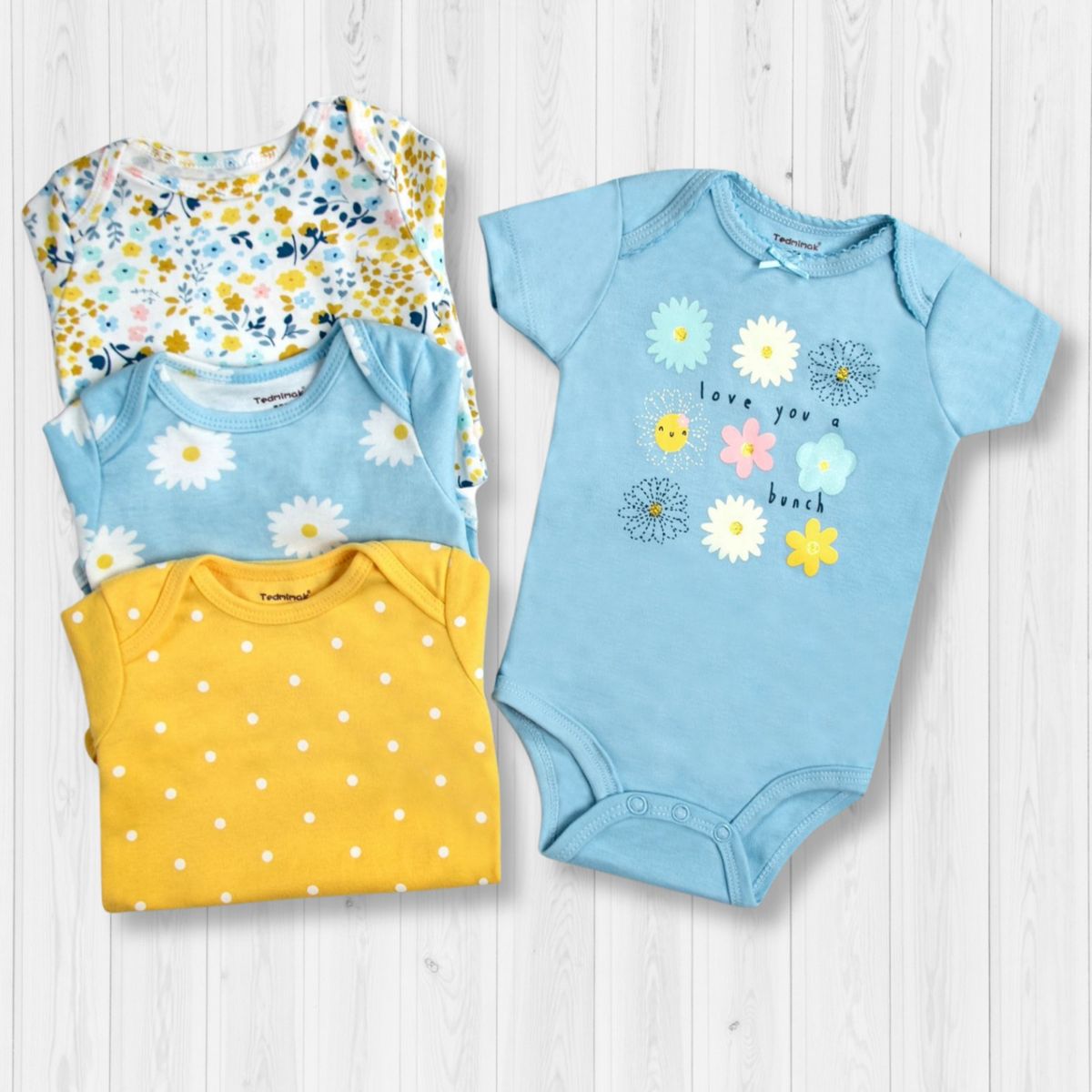 TEDMIMAK - Pack 4 Bodys Niña Manga Corta Tedmimak 100% Algodón Girasoles Amarillo