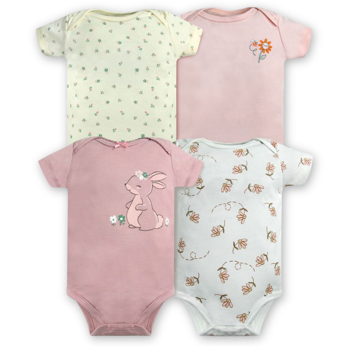 TEDMIMAK - Pack 4 Bodys Niña Manga Corta Tedmimak 100% Algodón Conejos Rosa