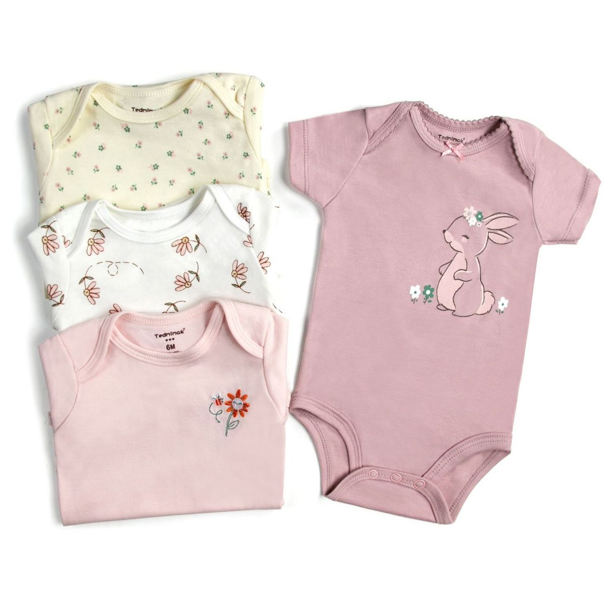 TEDMIMAK - Pack 4 Bodys Niña Manga Corta Tedmimak 100% Algodón Conejos Rosa