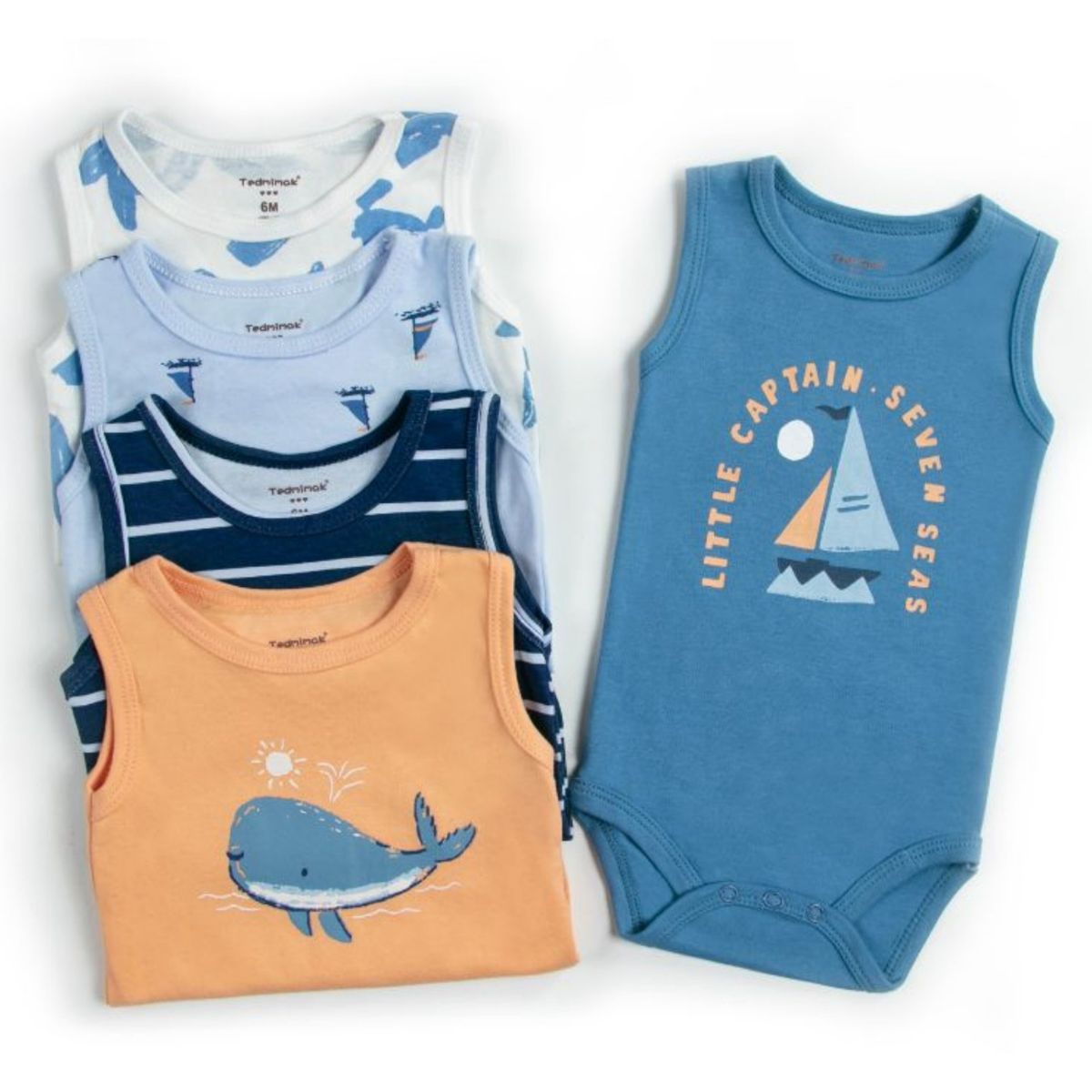 TEDMIMAK - Pack 5 Bodys Niño Sin Manga Tedmimak 100% Algodón Azul Marinero