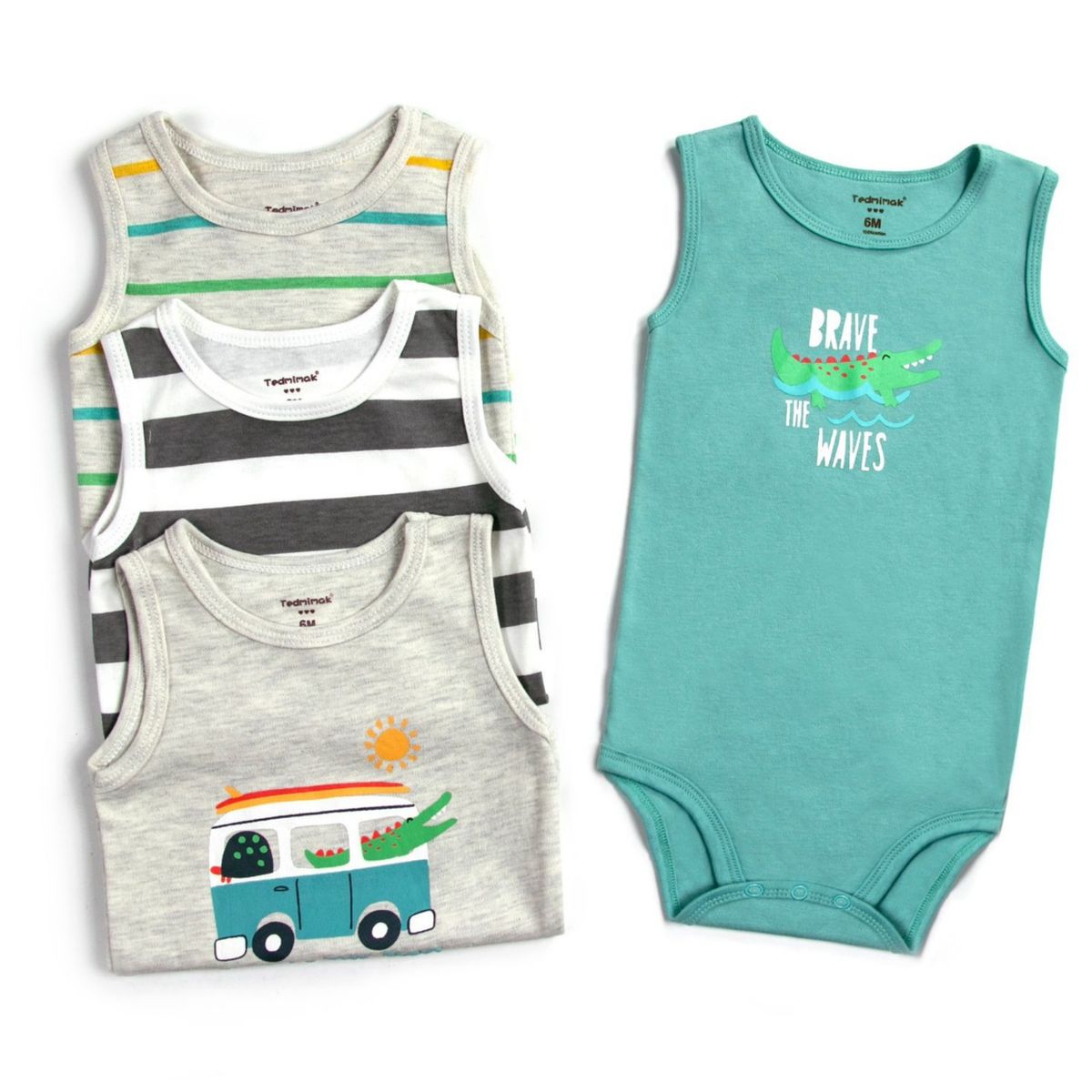 TEDMIMAK - Pack 4 Bodys Niño Sin Manga Tedmimak 100% Algodón Cocodrilo Verde