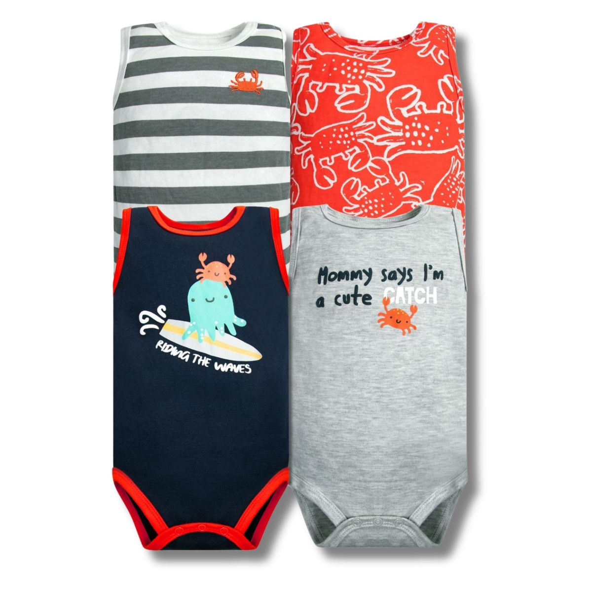 TEDMIMAK - Pack 4 Bodys Niño Sin Manga Tedmimak 100% Algodón Cangrejo Rojo