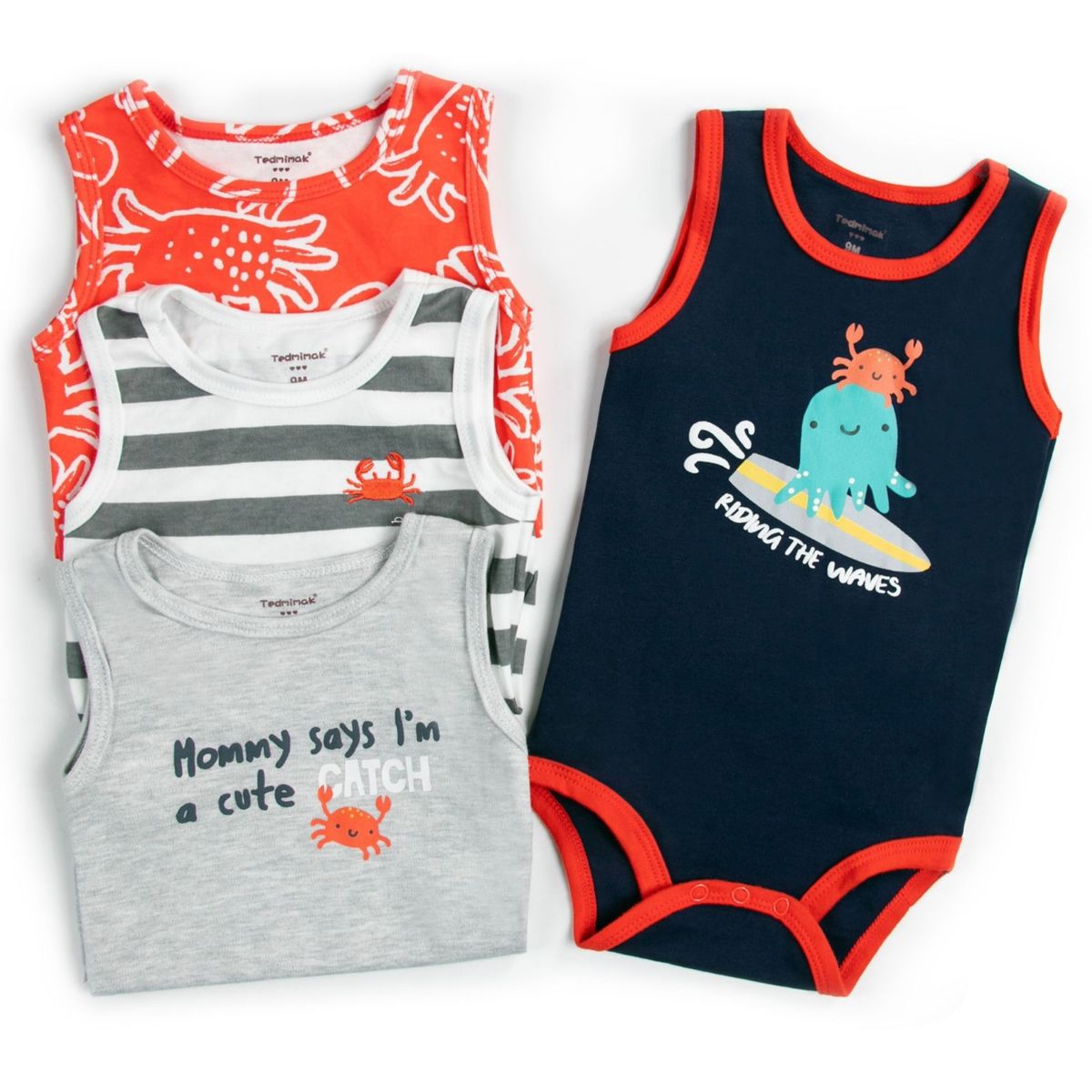 TEDMIMAK - Pack 4 Bodys Niño Sin Manga Tedmimak 100% Algodón Cangrejo Rojo