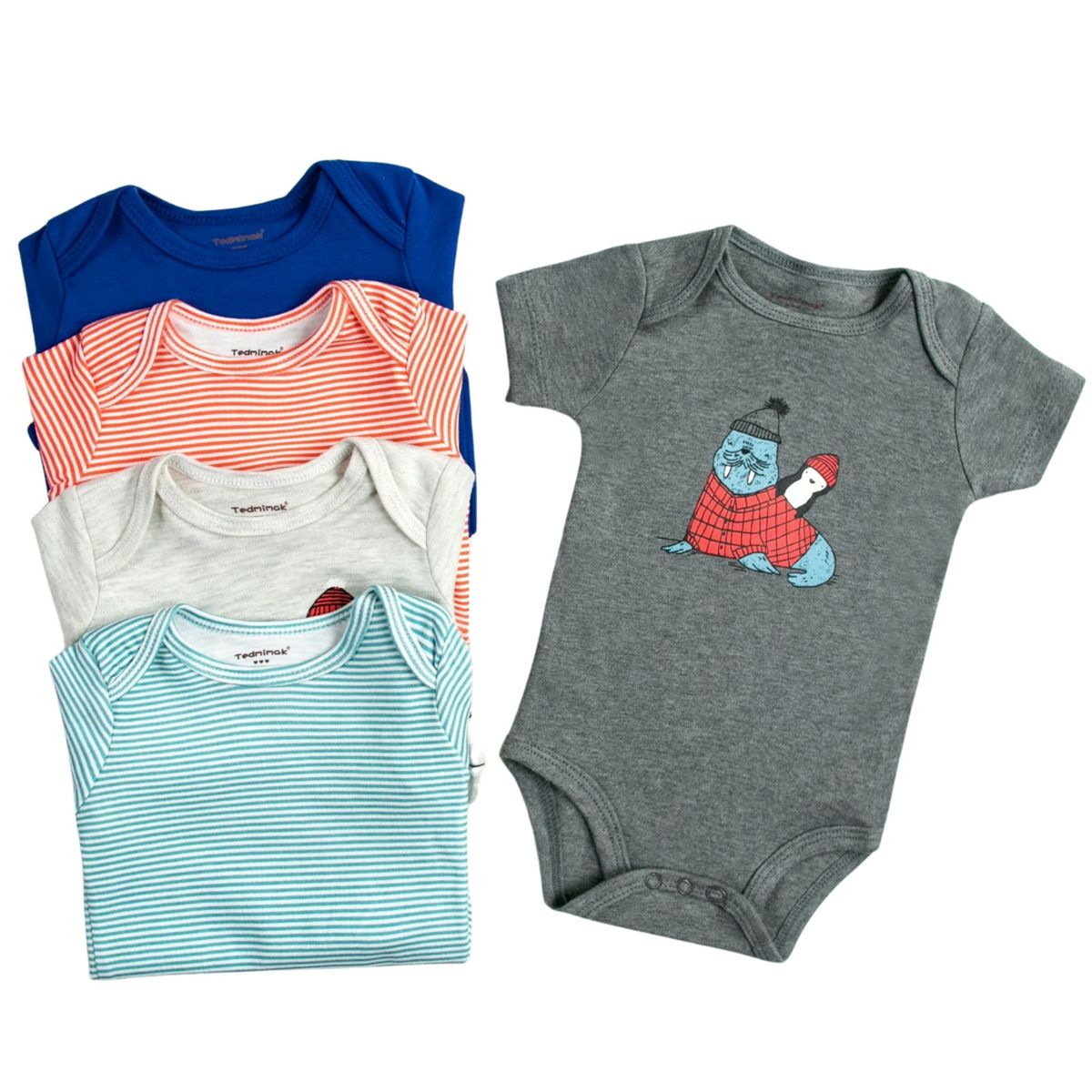 TEDMIMAK - Pack 5 Bodys Niño Manga Corta Tedmimak 100% Algodón Puercoespín Azul