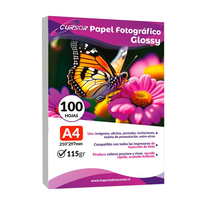 CURSOR - Papel Fotografico Glossy Brillante 115 Grs A4 100 Hojas