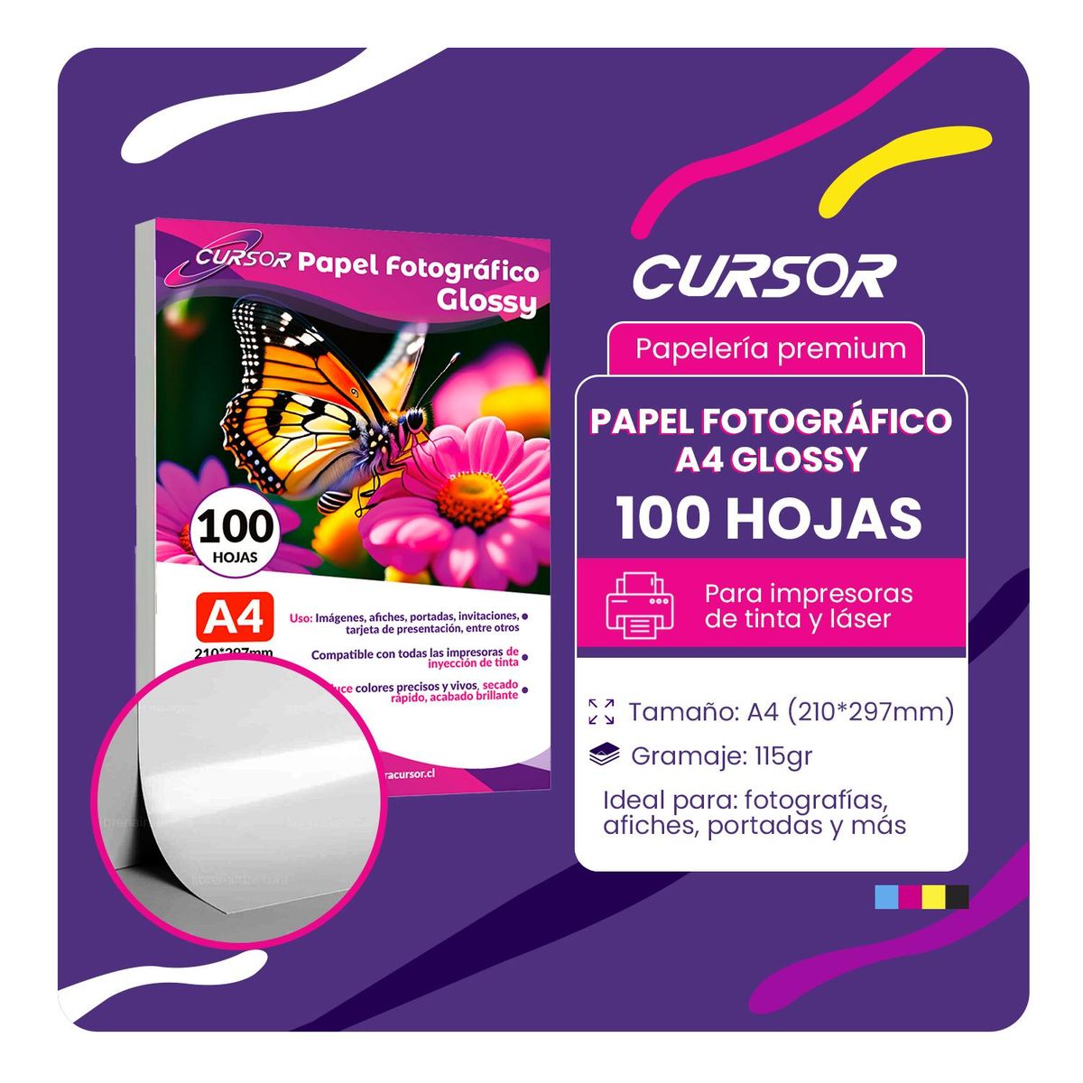 CURSOR - Papel Fotográfico Glossy Brillante 115 Gr A4 100 Hojas - Blanco