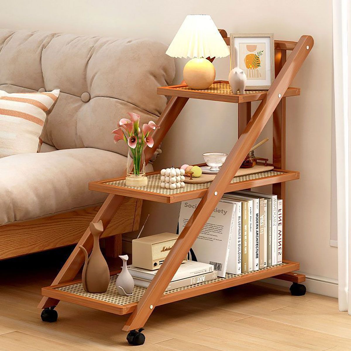 AIZO - Mesa Auxiliar Acrílica Plegable De 3 Niveles Con Ruedas 68x33x76cm