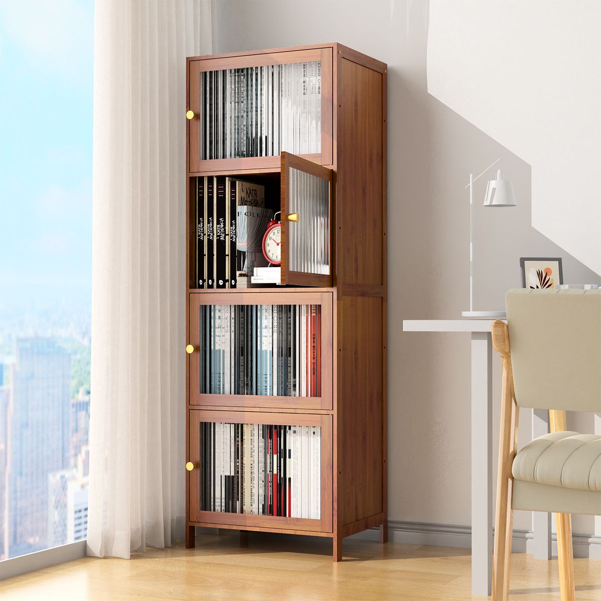 AIZO - Estantería Estrecha Alta 4 Estantes Con Puertas Transparente