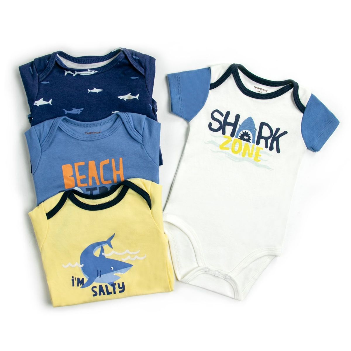 TEDMIMAK - Pack 4 Bodys Niño Manga Corta Tedmimak 100% Algodón Tiburón Azul