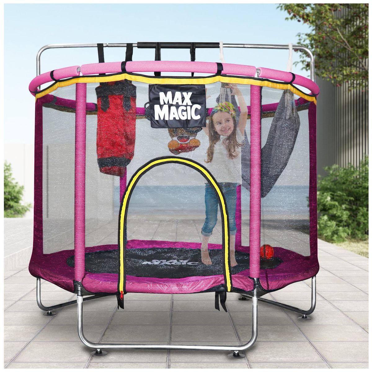 MAX MAGIC - Cama Elástica Infantil Rosada con Accesorios 150 cm