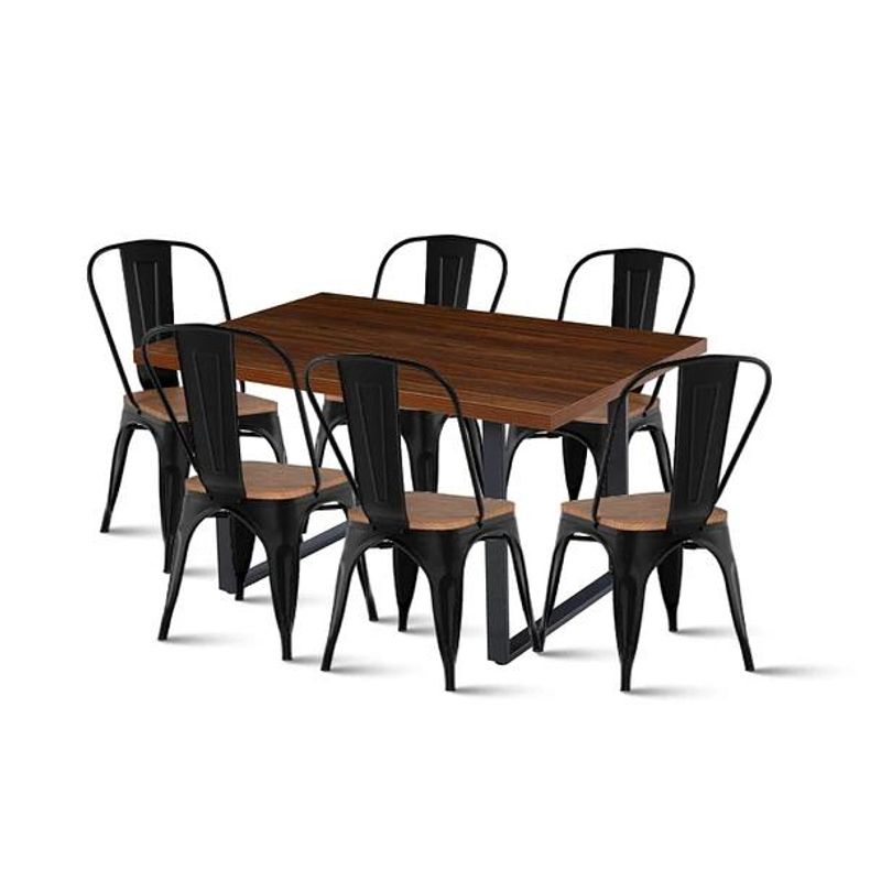 KLIK - Mesa Industrial 140x90 Osc + 6 Silla Tolix Negra Asiento de Madera Osc