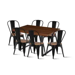 KLIK - Mesa Industrial 140x90 Osc + 6 Silla Tolix Negra Asiento de Madera Osc