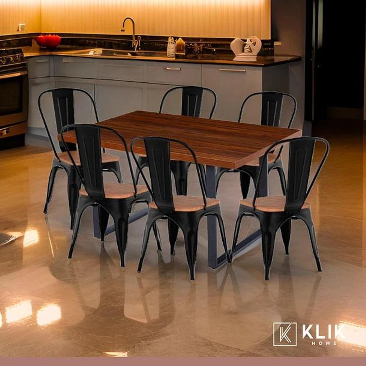 KLIK - Mesa Industrial 140x90 Osc + 6 Silla Tolix Negra Asiento de Madera Osc
