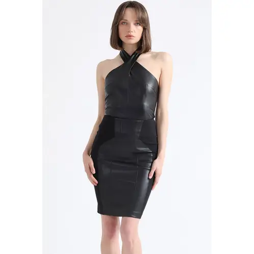 LIOLA - Falda Tubo, Efecto Cuero, Negro