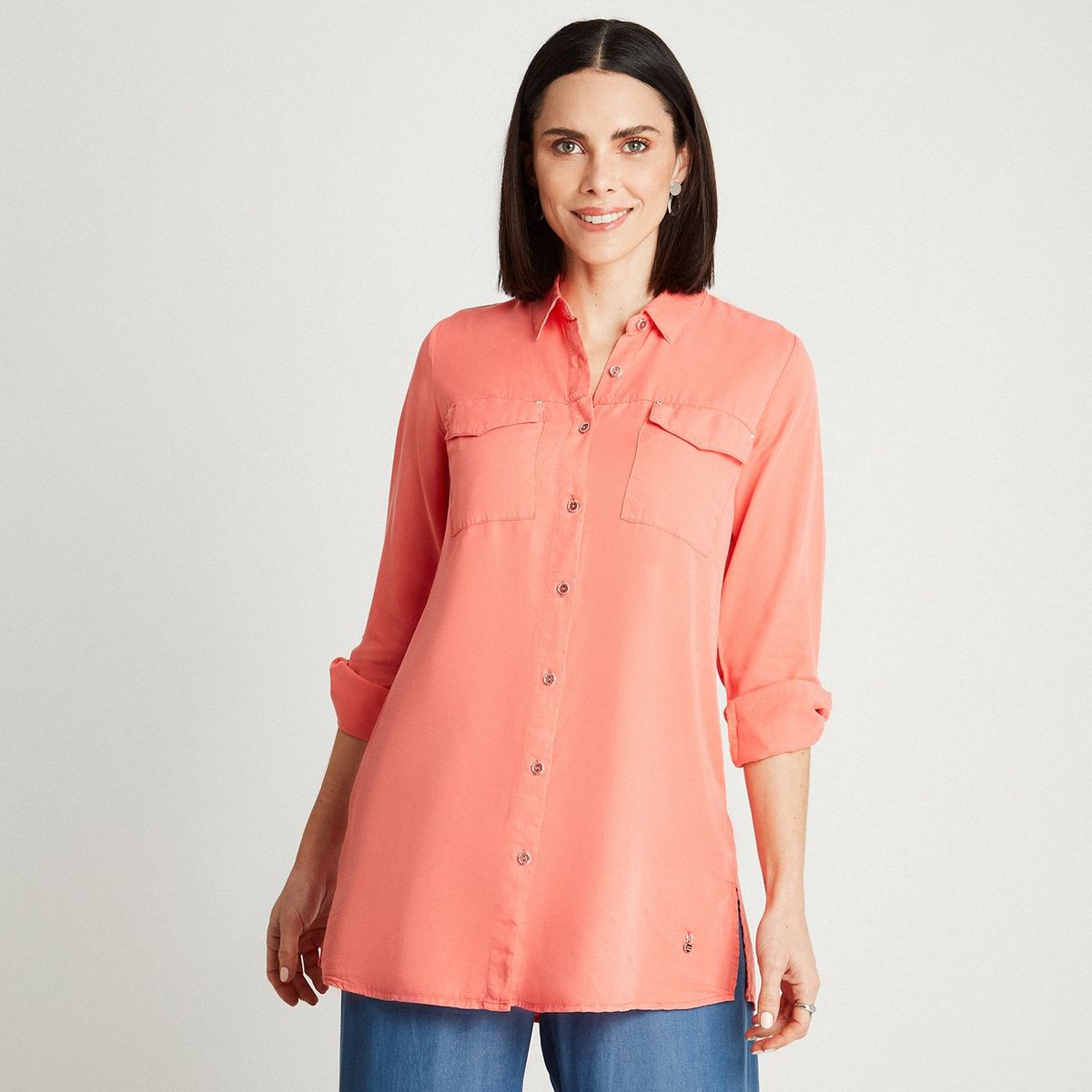 LORENZO DI PONTTI - Blusa Coral Manga Roll Up Cuello Camisero LORENZO DI PONTTI