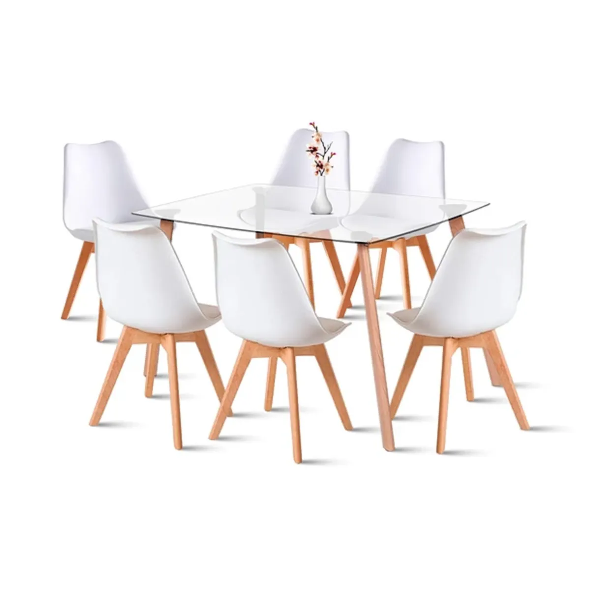 GENERICO - Comedor Rectangular Vidrio 6 Sillas Blancas Acolchadas 140x90