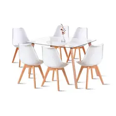 GENERICO - Comedor Rectangular Vidrio 6 Sillas Blancas Acolchadas 140x90.