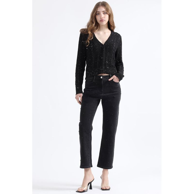 LIOLA - Jeans Slim Fit, Tiro Medio, Tachas, Negro Liola