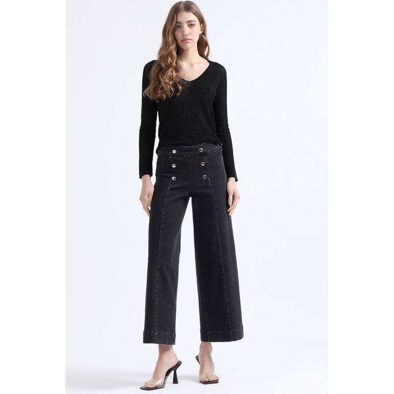 LIOLA - Jeans Wide Leg Cropped Fit, Tiro Medio, Negro Liola