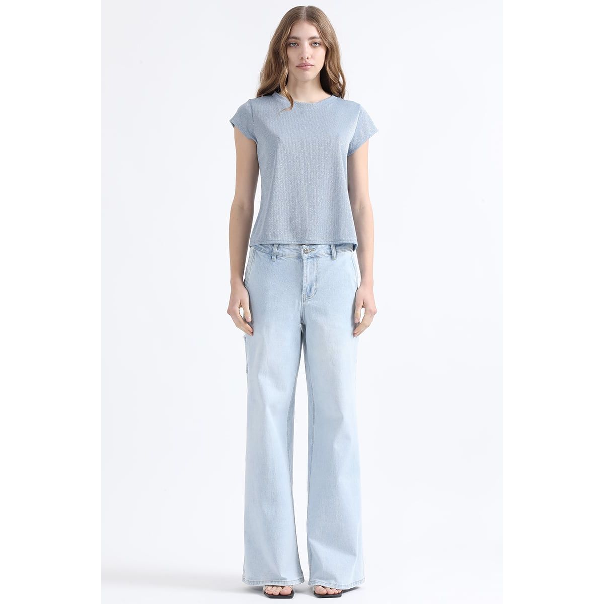 LIOLA - Jeans Palazzo Fit, Cargo, Con Texto Folia, Celeste Liola