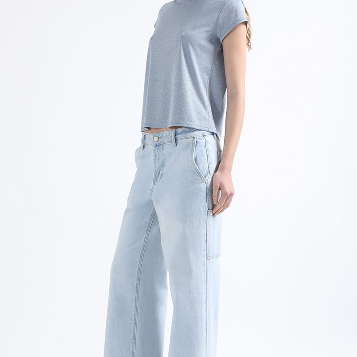 LIOLA - Jeans Palazzo Fit, Cargo, Con Texto Folia, Celeste Liola