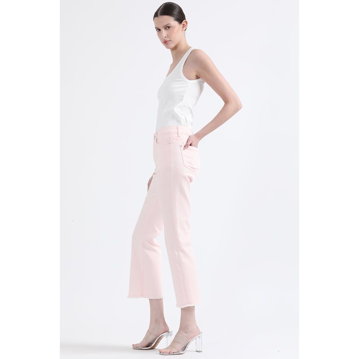 LIOLA - Jeans Color Flare Cropped Fit, Tiro Medio, Rosa Liola