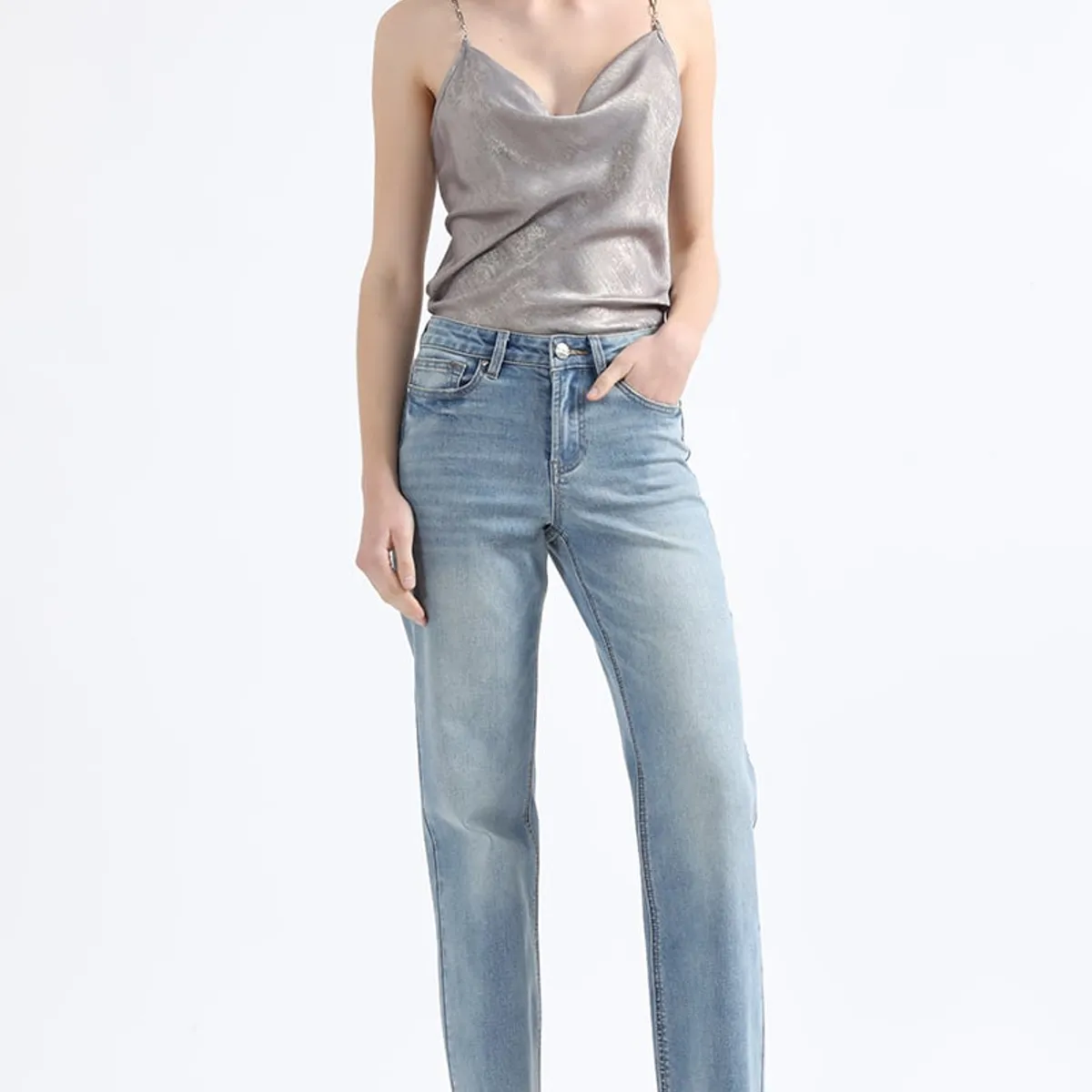 LIOLA - Jeans Straight Fit, Tiro Medio, Azul Liola