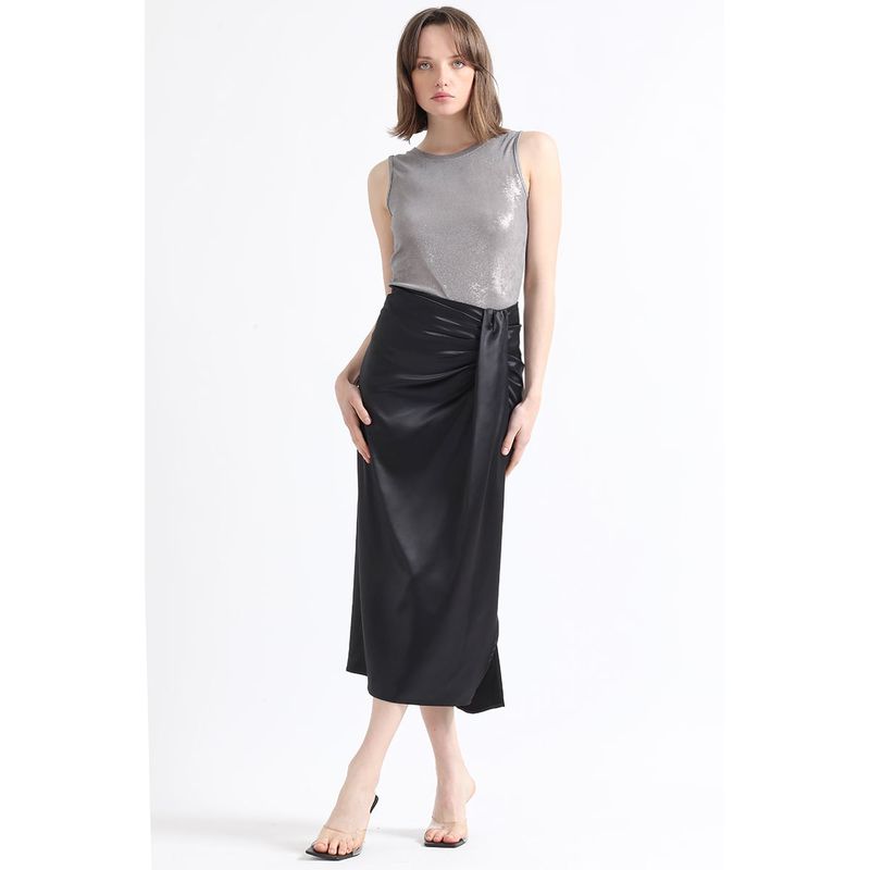 LIOLA - Falda Midi Cruce Asimetrico, Satin Negro Liola