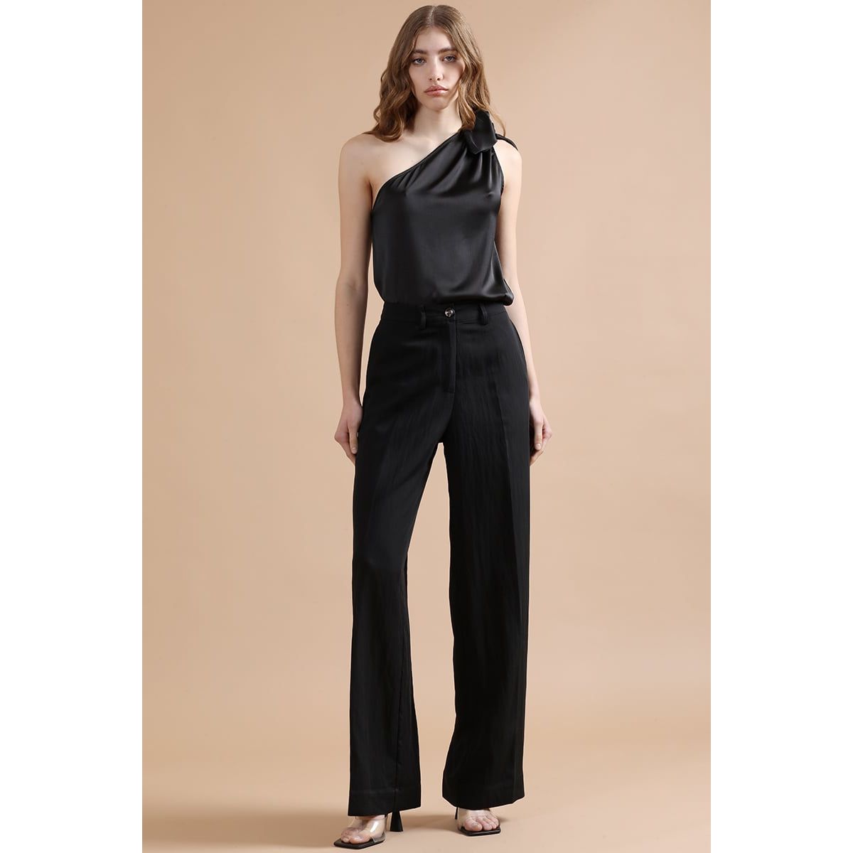 LIOLA - Pantalon Ancho Con Lyocell, Tiro Alto, Negro Liola