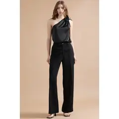 LIOLA - Pantalon Ancho Con Lyocell, Tiro Alto, Negro